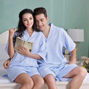 Light blue waffle cotton couple bathrobe and shorts sleepwear set for hotel sauna