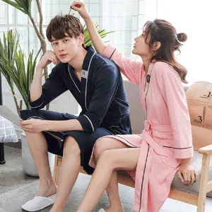 Couples Pure Cotton Robe Japanese Style Solid Color Mid-Length Pajamas Breathable Cardigan Sleepwear For Men And Women