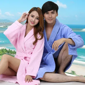 Thickened pure cotton couple bathrobes, soft loop towel material, long sleeves for autumn.