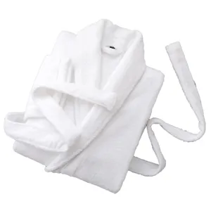 Classic white cotton terry bathrobe for men and women, cozy long sleeve hotel spa bath robe.