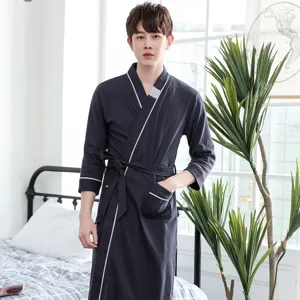 Cotton bathrobe for men, long sleepwear housecoat with belt and pockets for home daily wear