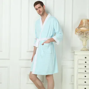 Men's light blue cotton bathrobe with white trim, 3/4 sleeves, comfortable sleepwear for home.