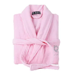Pink cotton bathrobe with belt, comfortable long sleeve sleepwear for hotel, spa and home use.