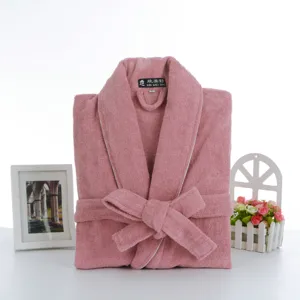 Pink cotton terry cloth bathrobe for couples, thick hotel sleepwear robe with lapel collar.