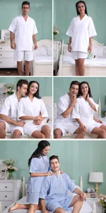 Detailed close-up view of waffle cotton spa bathrobe and shorts set, comfortable homewear details.