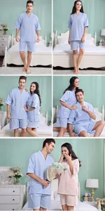 Waffle knit cotton couples pajama set detail showcasing soft texture, V-neck, and comfortable fit.
