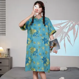 Coton d'ete manches courtes double gaze chemise de nuit col V robe longue florale