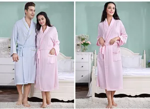 Bamboo fiber couple bathrobe waffle weave long sleeve lightweight hotel homewear detail