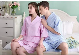 Couple cotton waffle sauna suit short sleeve shorts breathable comfortable sleepwear detail