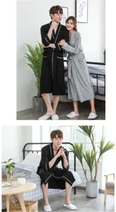 Detail view of couples bamboo fiber bathrobes, matching long sleeve sleepwear in black.