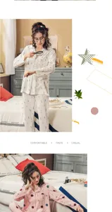 Cotton long sleeve couple pajama set featuring cozy leaf and dot prints for daily wear.
