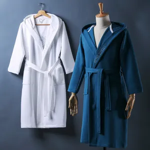 Cotton hooded couple bathrobe for hotel and home, long-sleeved comfortable sleepwear main view.