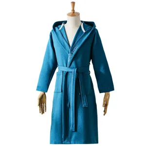 Amazon hotel cotton hooded bathrobe couple waffle long sleepwear loungewear blue