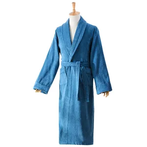 Verdichteter Baumwoll Hotel Bademantel lang für Winter saugfähig Nachtwäsche blau Unisex