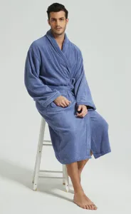 Detailed view of a comfortable thick cotton terry bathrobe for adults in blue color.