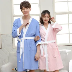 Comfortable couple waffle bathrobes in pure cotton with stylish three-quarter sleeves and belts.