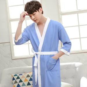 Men's waffle knit bathrobe cotton blue yukata three quarter sleeve summer sleepwear loungewear