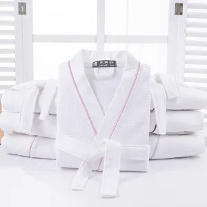 Unisex Cotton Waffle Weave Robe Soft Absorbent Hotel Style Bathrobe With Tie-Waist Contrast Piping Sleepwear For Men And Women