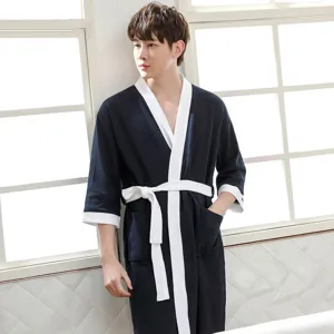 Men waffle cotton bathrobe summer sleepwear lightweight kimono loungewear robe with belt