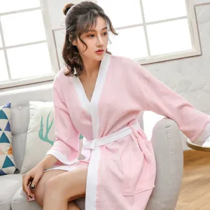 Comfortable waffle cotton bathrobe for women, lightweight three-quarter sleeve sleepwear lounge dress.