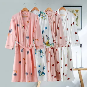 Albornoz Largo de Algodón Estampado para Mujer Sexy Cuello en V Manga Larga Pijama con Cinturón para Verano Primavera Ropa de Casa