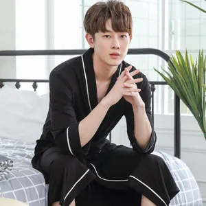 Men's black bamboo fiber bathrobe with white piping long sleepwear comfortable loungewear