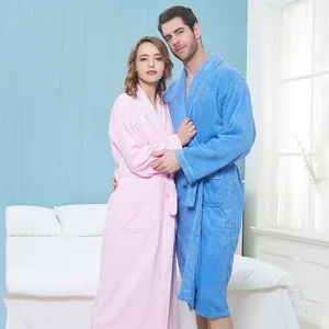 Couple long cotton bathrobes, soft towel absorbent sleepwear for hotel and home daily use.