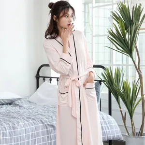 Women pink long bathrobe bamboo fiber sleepwear comfortable loungewear with belt and black piping