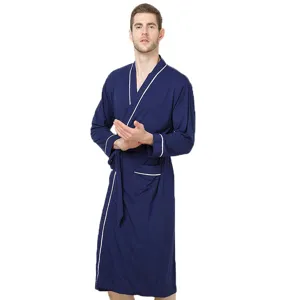 Men long sleeve dark blue bathrobe with white piping comfortable sleepwear lounge wear