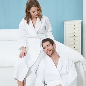 White cotton waffle couple bathrobe for adults, soft hotel bath towel robe for spring and autumn.