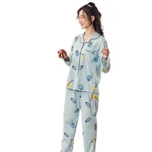 Cute blue strawberry print cotton long sleeve pajama set for women, soft homewear sleepwear.