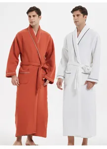 Comfortable waffle cotton bathrobe for men and women, long hotel style sleepwear with belt.