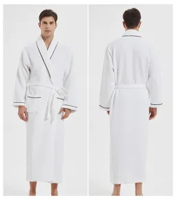 Men's white waffle knit bathrobe with black piping long spa sleep robe with waist belt