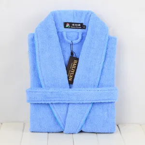 Cotton terry bathrobe for men and women, thick hotel homestay sleepwear in light blue M.