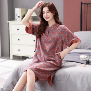 Ete pur coton manches courtes col V chemise de nuit femme double gaze vetement de maison.