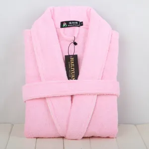 Pink cotton terry bathrobe detail showing collar label and brand tag for cozy home hotel use.