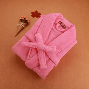 Pink cotton terry cloth bathrobe with belt, cozy sleepwear and hotel bath robe size L.