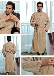 Men's solid color cotton terry bathrobe, soft long sleeve sleepwear with belt for hotel and home.