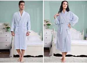 Detailed view of the bamboo fiber couple bathrobe, lightweight waffle knit texture design.