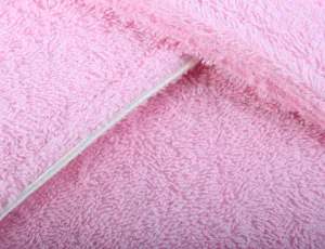 Close-up detail of soft pink cotton bathrobe fabric with white piping edge texture.