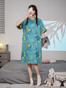 Robe de nuit femme coton manches courtes floral col V tenue de maison de vacances