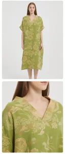 Detailansicht des grünen Baumwoll-Jacquard-Nachthemdes mit V-Ausschnitt und Stofftextur.