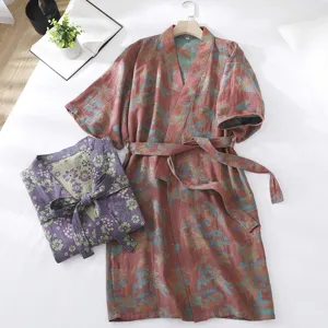 Double-layer cotton gauze bathrobe set with floral print, soft and breathable home sleepwear.
