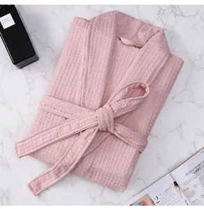 Pink waffle knit hotel bathrobe for couples, lightweight soft loungewear and sleepwear.