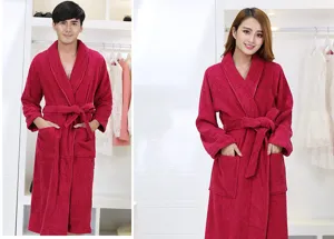 Cotton terry cloth bathrobes for couples, thick long sleepwear with belt and pockets.