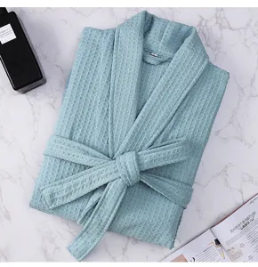 Detailed view of light blue waffle weave hotel bathrobe with belt, premium soft fabric texture.