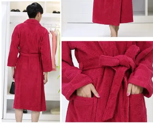 Pure cotton thickened couple bathrobe with belt and pockets for hotel and home daily use.