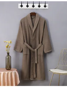 Brown waffle weave hotel bathrobe lightweight couples sleepwear summer loungewear robe with belt