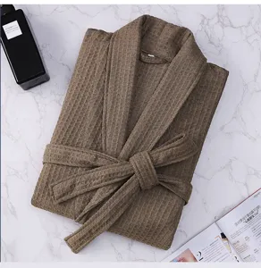 Waffle knit bathrobe detail, brown cotton blend cozy sleepwear, hotel spa loungewear style
