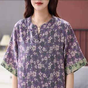 Femme coton double gaze chemise de nuit col V manches courtes vue detail vetement interieur